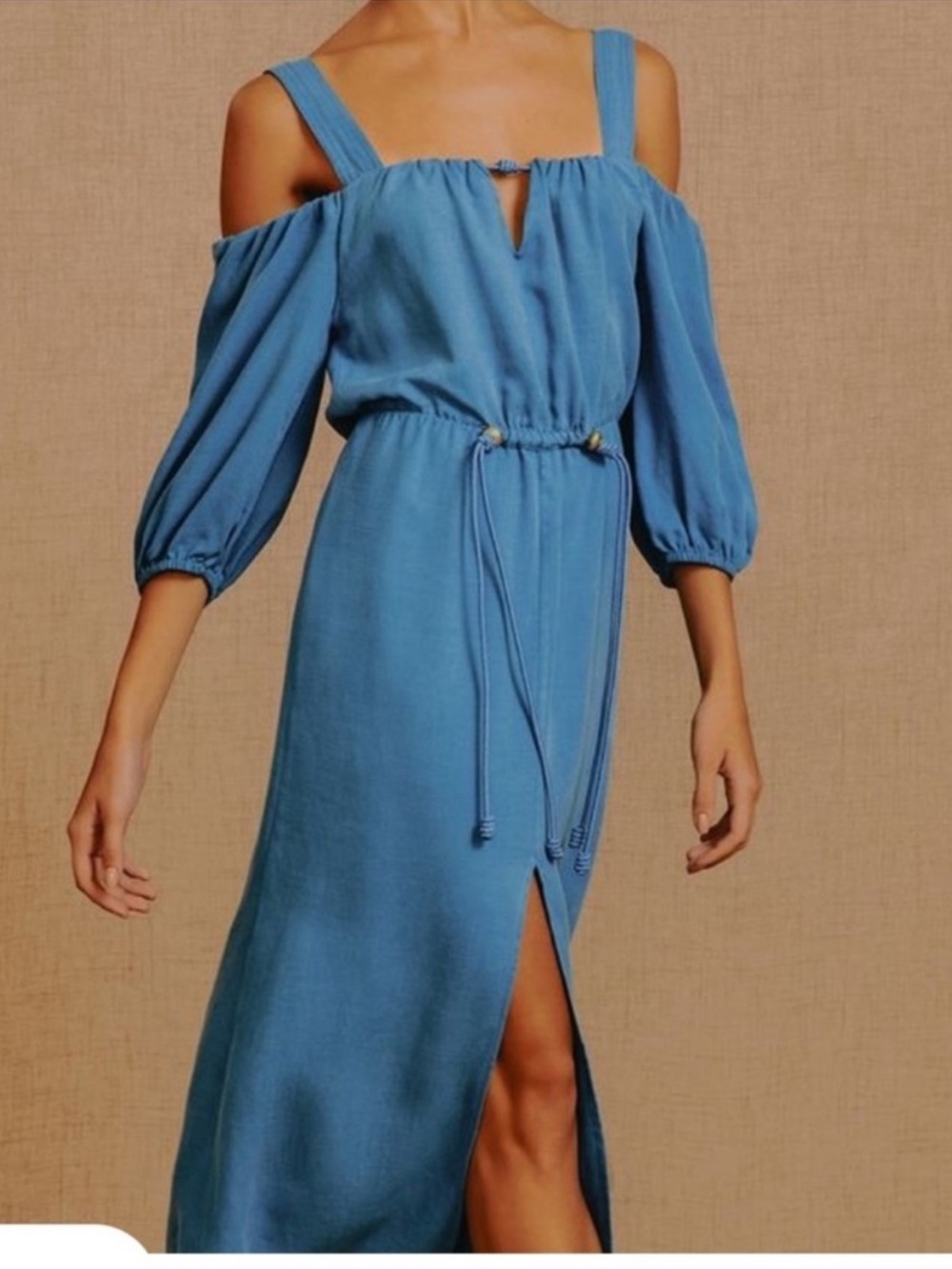 Designer Vix Blue Cold-Shoulder Maxi Dress with Drawstring Waist